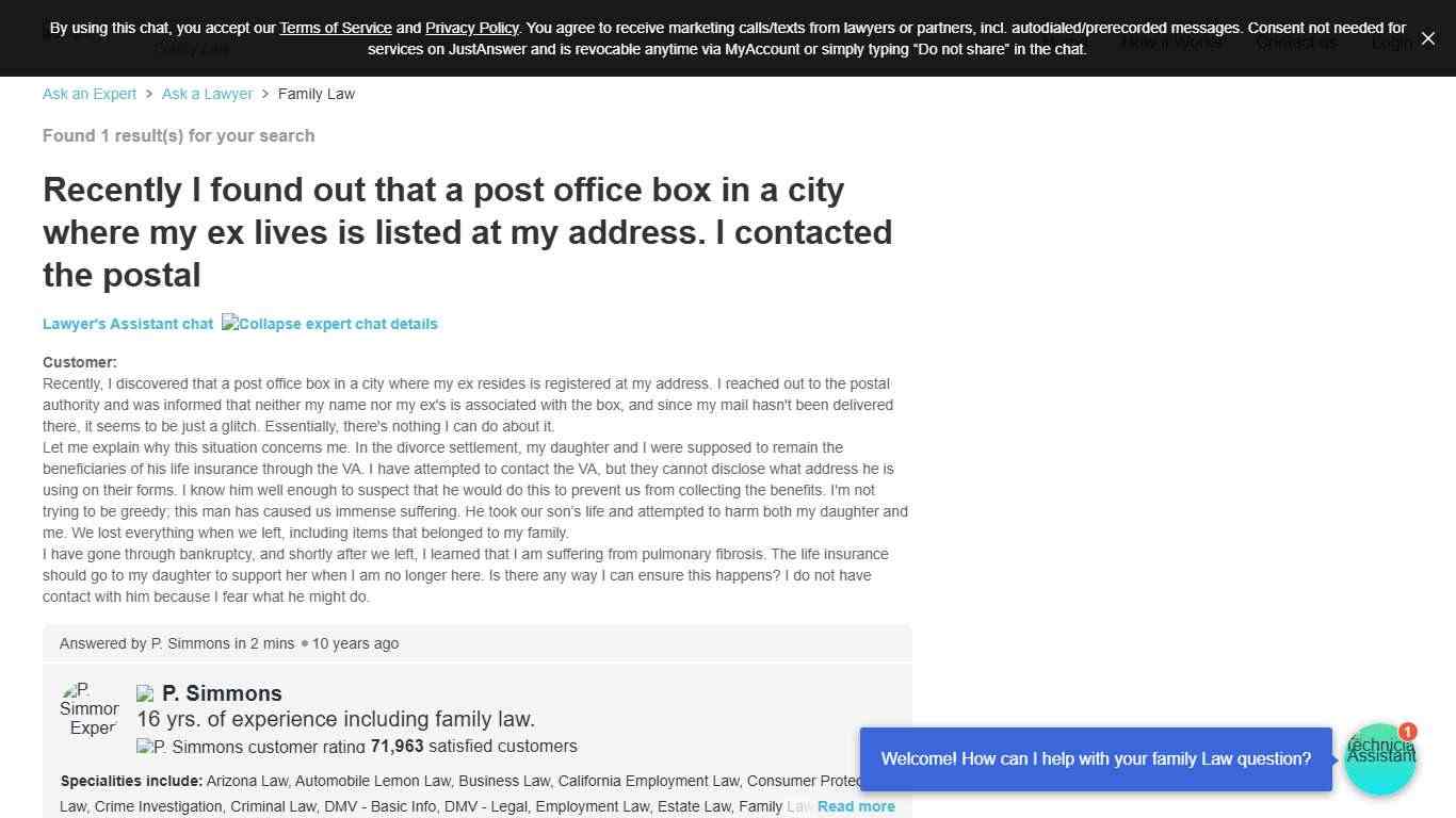 Recently I found out that a post office box in a city where my ex lives is listed at my address. I contacted the postal