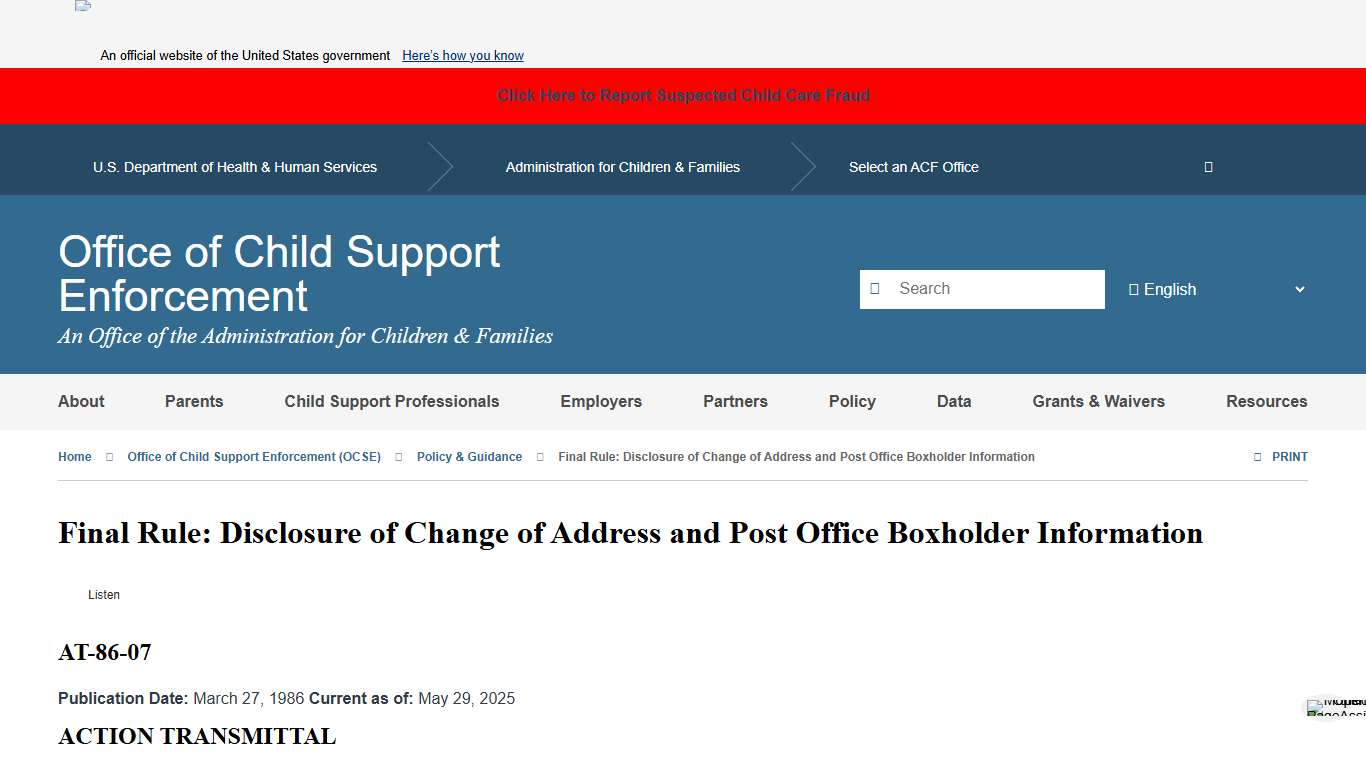 Final Rule: Disclosure of Change of Address and Post Office Boxholder Information | The Administration for Children and Families